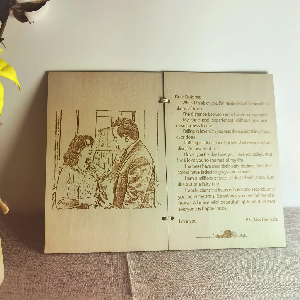 Personalized wooden love letter engraved with custom photo and text