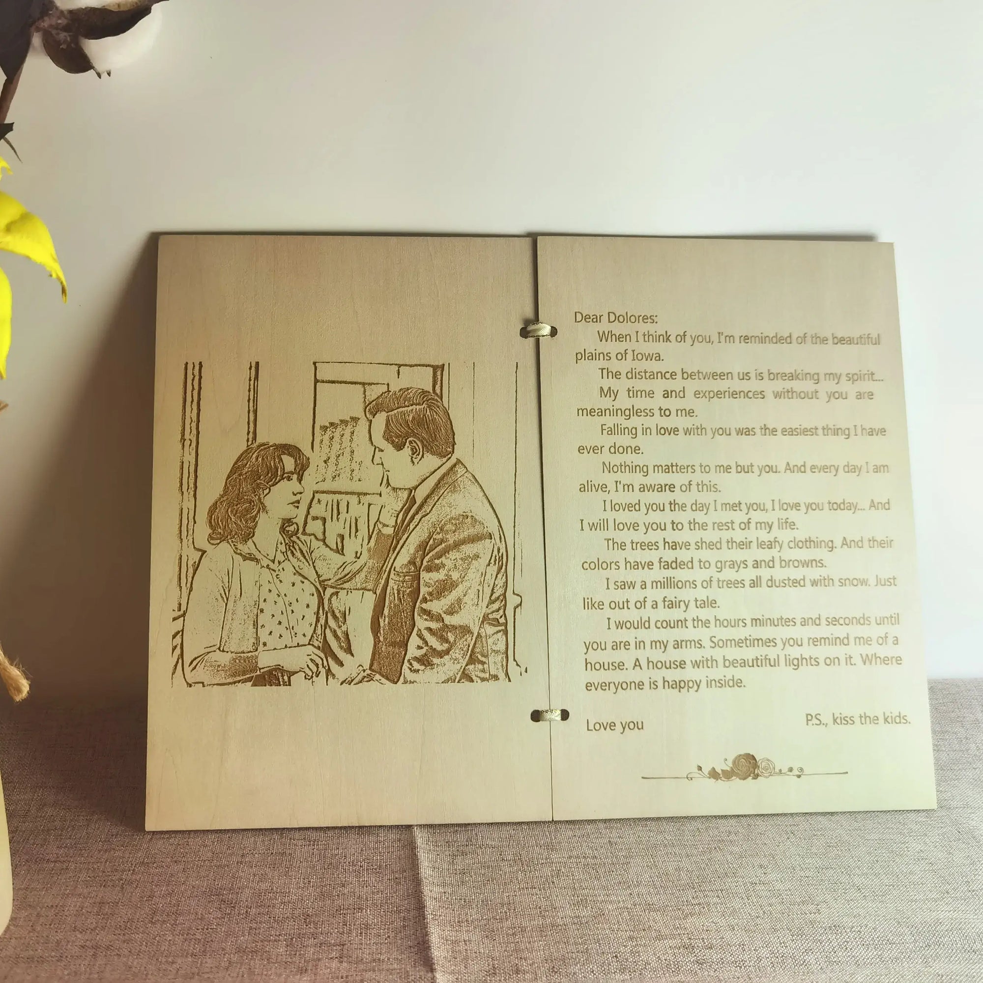 Personalized wooden love letter engraved with custom photo and text