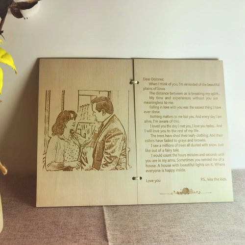 Personalized wooden love letter engraved with custom photo and text