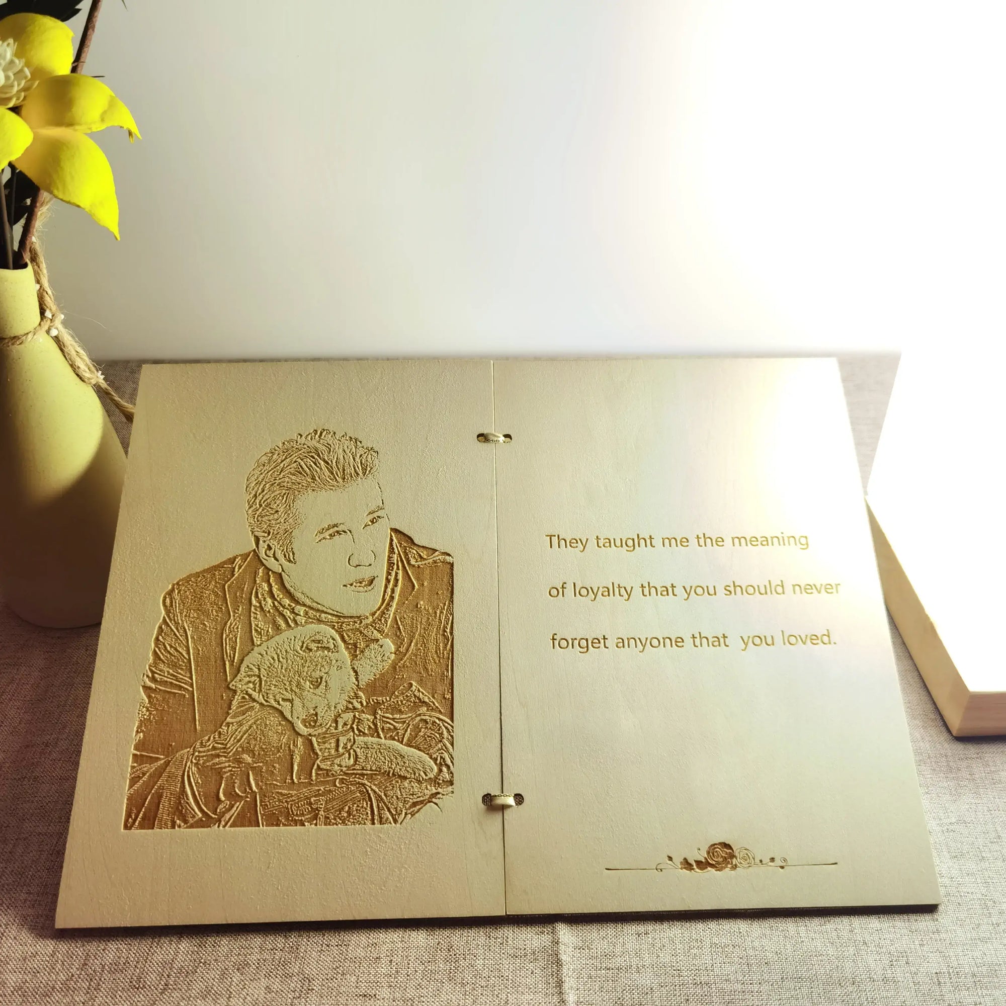 Personalized wooden greeting card featuring photos with a dog and heartfelt message, ideal for celebrating cherished memories