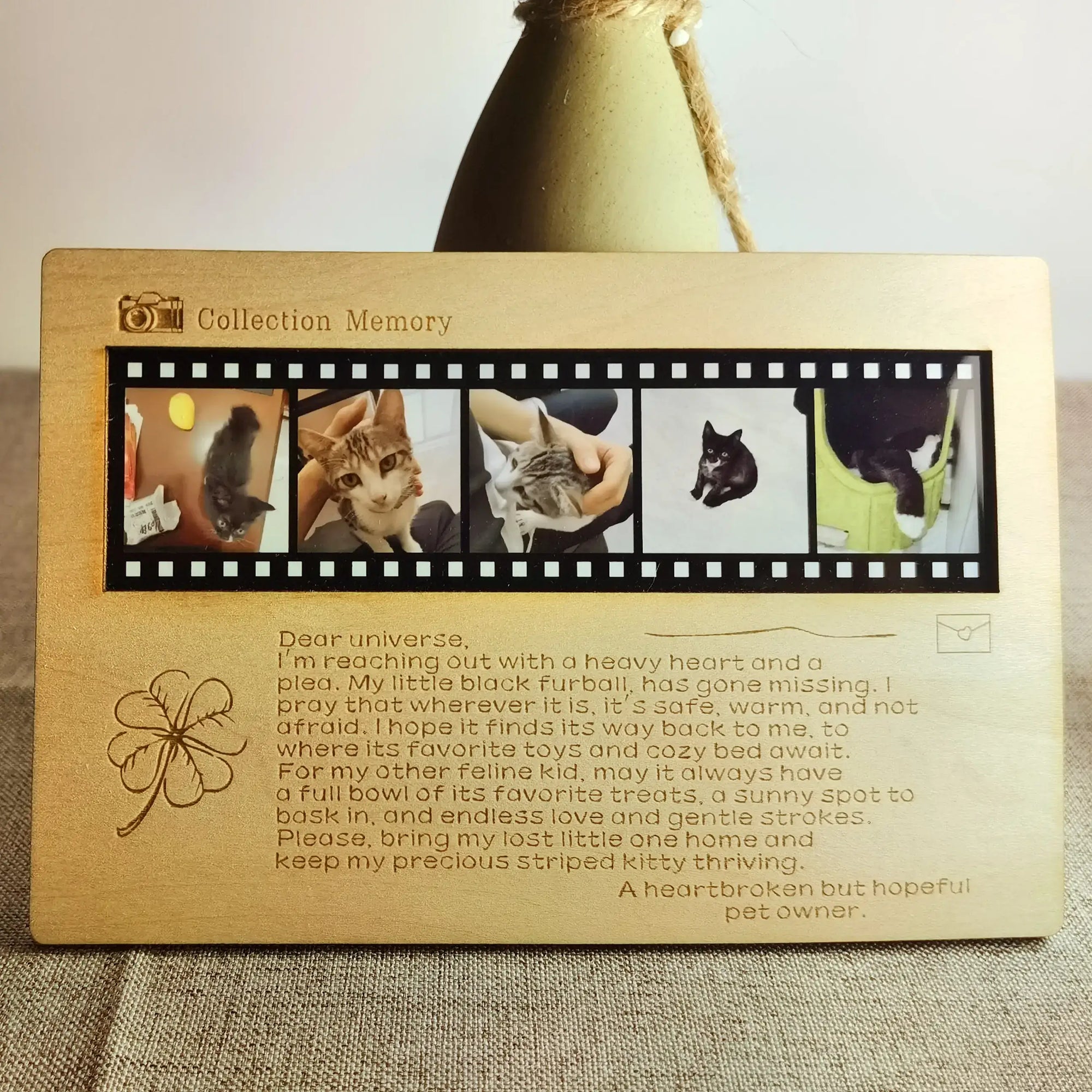 Custom wooden photo collage card with engraved message