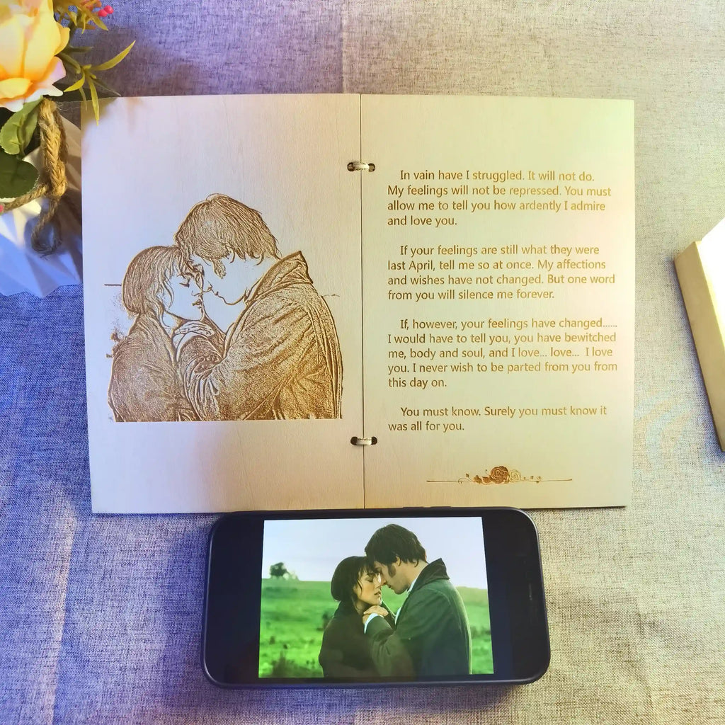 Custom wooden love letter card with engraved image of couple and heartfelt text