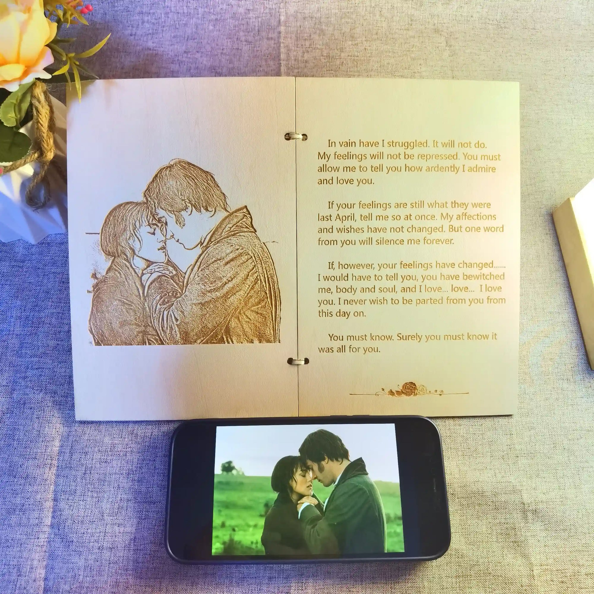 Custom wooden love letter card with engraved image of couple and heartfelt text
