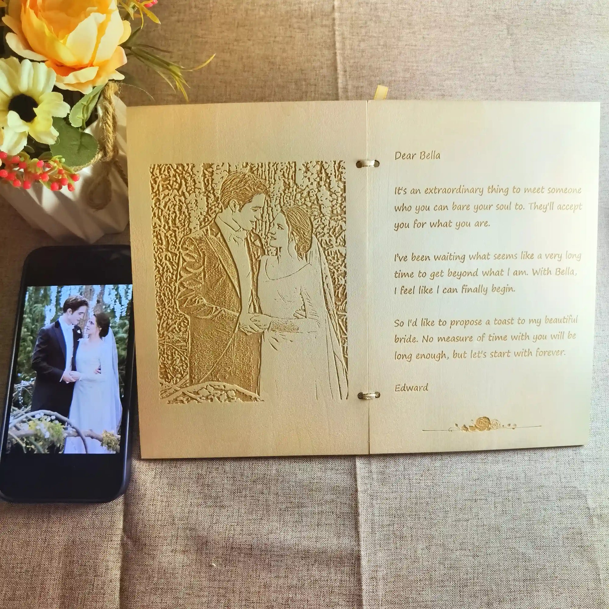 Personalized engraved wood card with love letter design