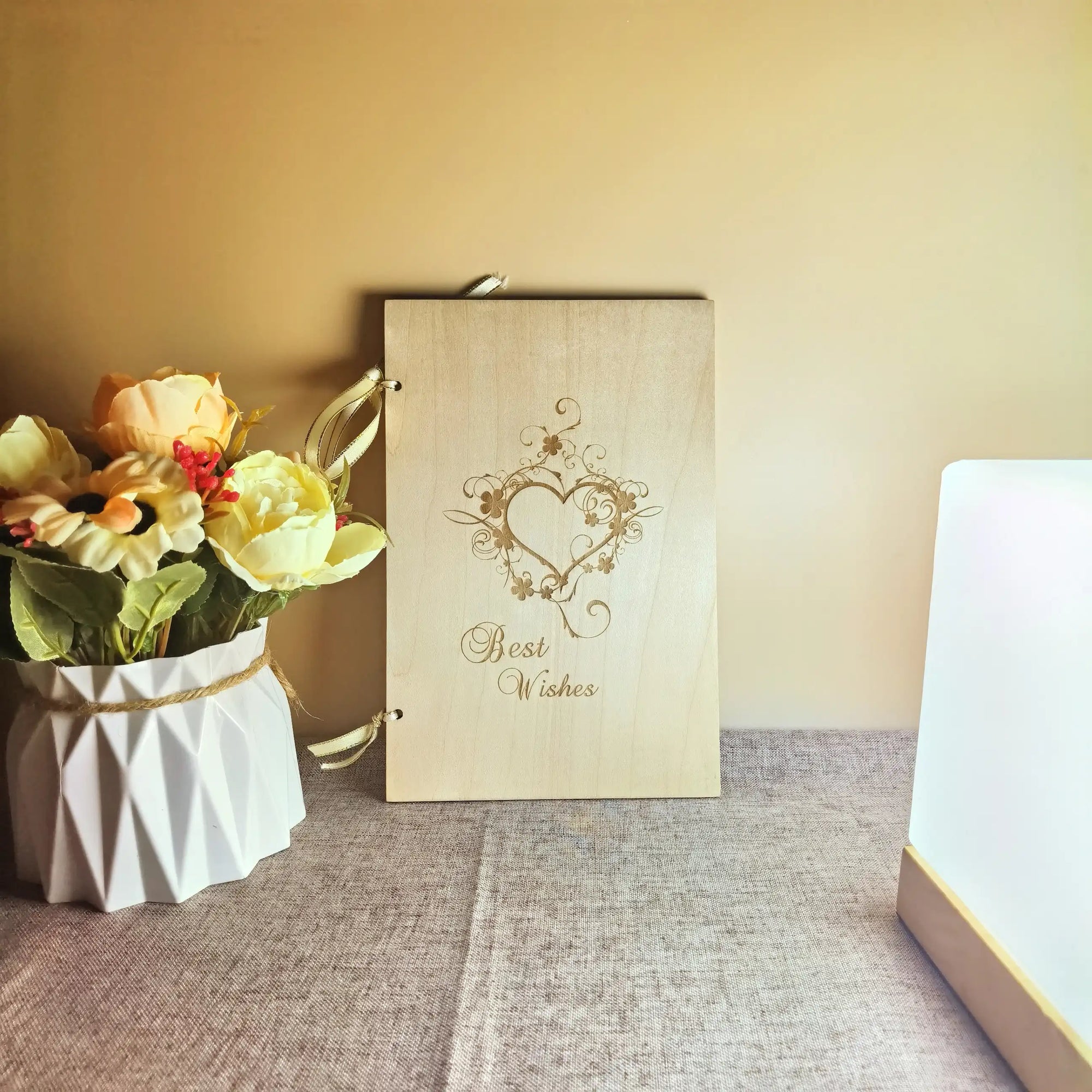 Personalized love message engraved on wooden card